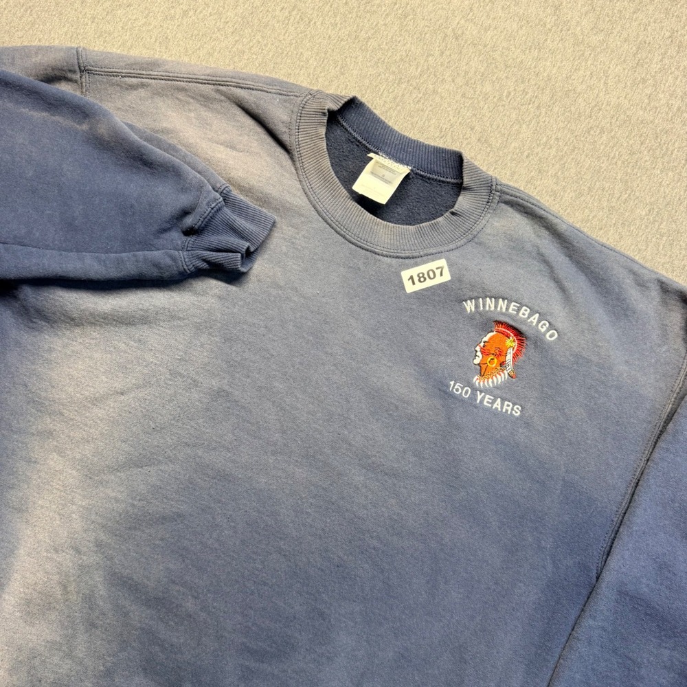 Vintage Gildan Winnebago 150 Years Sweatshirt Blue Faded Distressed Mens XL
